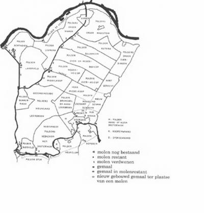 Overzichtskaart van de Vijfheerenlanden vóór 1986, met indeling in polders. In 1986 zijn Asperen, Heukelum en Spijk overgegaan naar de provincie Gelderland en de streek Betuwe. (© T. Brouwer)