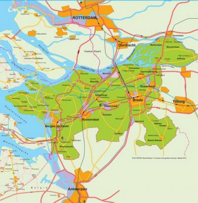Het samenwerkingsverband Regio West-Brabant omvat de 17 gemeenten die op deze kaart groen geaccentueerd zijn (voor de drie gemeenten rechtsbovenin lees gemeente Altena, die in 2019 is ontstaan). Zie verder het hoofdstuk Links. (© Regio West-Brabant)