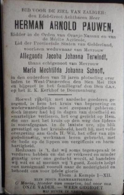 West-Pannerden, bidprentje van de in 1918 overleden prominente inwoner (want lid van Provinciale Staten) Herman Arnold Pauwen. Achterzijde.
