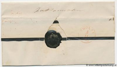 West-Pannerden, vouwbrief (enveloppen waren er toen nog niet, dus werden brieven dichtgevouwen, en soms nog extra met lakzegel afgesloten, zoals hier) naar Zwolle, 4-11-1863, met handgeschreven aanduiding Westpannerden door het bestelhuis.