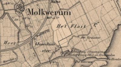 In de jaren vijftig van de 19e eeuw ontstaat ZO van het dorp Molkwerum de buurtschap Ymedam. Op de kaarten wordt erbij vermeld dat hier o.a. sprake is van een stoomgemaal en een zaagmolen, oliemolen en runmolen. (© www.kadaster.nl)