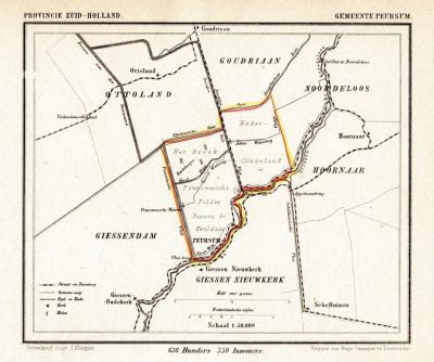 De gemeente Peursum, hier op een kaart van J. Kuijper uit ca. 1870, omvat aanvankelijk alleen de W rechthoek op deze kaart. In 1857 komt ook de O rechthoek = de gemeente Nederslingeland erbij. De grens tussen beide is de Smoutjesvliet en de huidige N216.