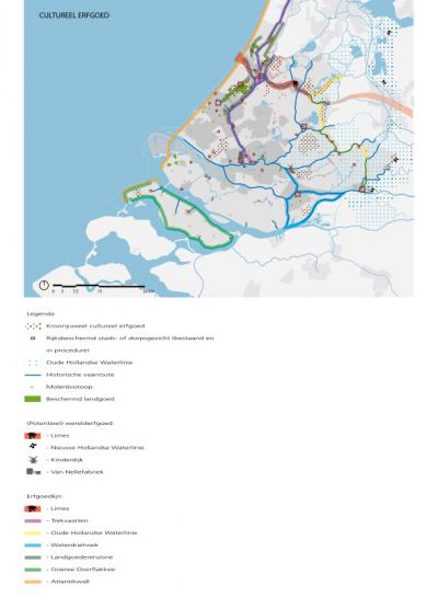 Ook de vele verschijningsvormen van cultureel erfgoed in de provincie Zuid-Holland komen aan de orde in de Visie Ruimte en Mobiliteit. Die worden op deze kaart gevisualiseerd. (© Provincie Zuid-Holland)