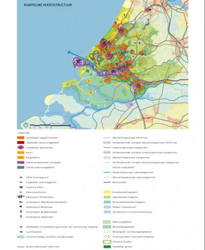 In de Visie Ruimte en Mobiliteit, beschreven in het hoofdstuk Recente ontwikkelingen, heeft de Provincie Zuid-Holland de complexe Ruimtelijke Hoofdstructuur van de provincie overzichtelijk op een A4'tje visueel weergegeven. (© Provincie Zuid-Holland)