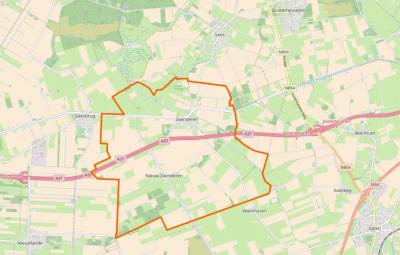 Het dorpsgebied van Zwinderen omvat het gelijknamige dorp plus de buurtschap Nieuw-Zwinderen, wat op deze kaart van OpenStreetMap duidelijk te zien is. In de atlassen wordt de buurtschap nog altijd niet vermeld, hoewel hij toch al ca. 80 jaar bestaat...