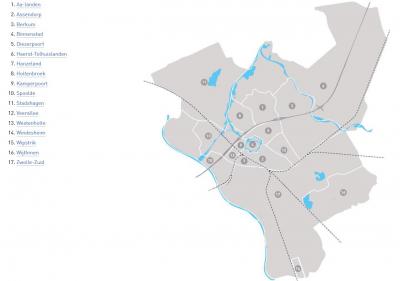 De gemeente Zwolle heeft haar grondgebied ingedeeld in 17 'wijken'. Een toelichting daarop vind je in het hoofdstuk Status, 4e alinea. (© gemeente Zwolle)