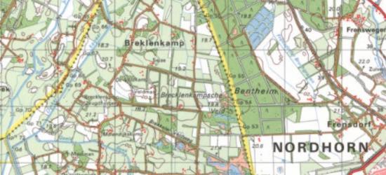 Hier is duidelijk te zien dat Breklenkamp nog altijd een apart van het dorp Lattrop gelegen buurtschap is. Toch bestempelt de gemeente deze plaatsen in het postcodeboek als een 'tweelingdorp': Lattrop-Breklenkamp. (© Kadaster)