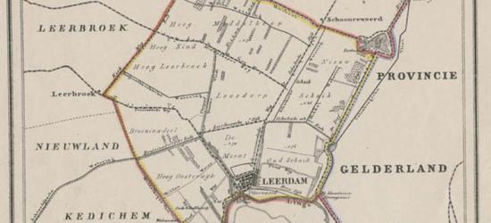 Gemeente Leerdam anno ca. 1870, kaart J. Kuijper. Tot 1986 omvat de gemeente Leerdam slechts de gelijknamige stad plus enkele buurtschappen. Pas in 1986 komen de gemeenten Schoonrewoerd en Kedichem (met Oosterwijk) erbij. (collectie www.atlasenkaart.nl)