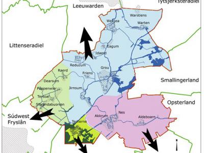 Boarnsterhim, kaartje met de verdeling van de gemeente over vier omliggende gemeenten per 2014