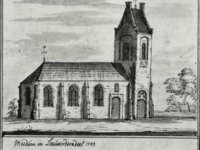 Miedum anno 1713. Van de kerk staat sinds 1834 alleen de toren nog overeind.
