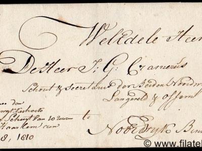 Brief uit 1810, "Franco van Noordwijkerhoek met de Schuyt van 10 uuren van Haarlem" naar de buurtschap Langeveld, die eveneens in de gemeente Noordwijk ligt (© René Hillesum Filatelie / www.filatelist.com)