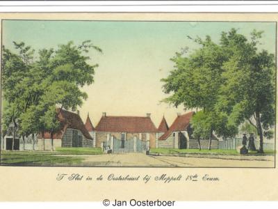 Oosterboer, ansicht uit ca. 1910 (?) met schilderij (door Hendrik Tavenier, 1786) van het voormalige slot in de voormalige buurtschap, thans wijk Oosterboer, uitg. J.A. Boom & Zn. te Meppel