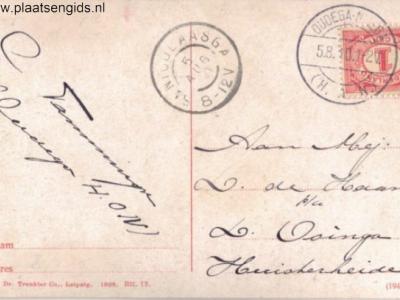 Adreszijde van ansichtkaart die in 1910 is verstuurd van Oudega (Gaasterland) naar Huisterheide. Een geluk dat wij deze op een ansichtkaartenbeurs aantroffen, want naar deze kleine buurtschap zal in die tijd niet veel post zijn verstuurd.