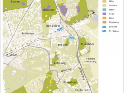 Kaartje van de natuurgebieden van Utrechts Landschap rond Bosch en Duin. Het betreft met name het Numanbos, Ravenhorst,  Nieuw Zandbergen en de terreinen Biltseweg en Reelaan. (© www.utrechtslandschap.nl)
