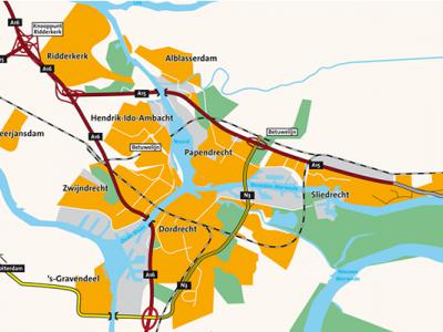 Kaart van de Regio Drechtsteden. In 2018 is de gemeente Hardinxveld-Giessendam (gelegen O van Sliedrecht) ook ook tot deze Regio toegetreden. (© www.rom-d.nl)