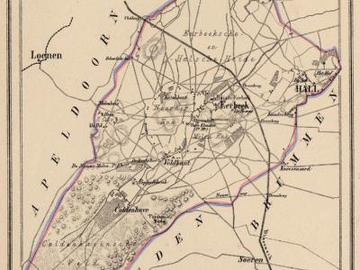 Kaart van de begin 19e eeuw kennelijk bestaan hebbende gemeente Hall, situatie anno ca. 1870, kaart J. Kuijper