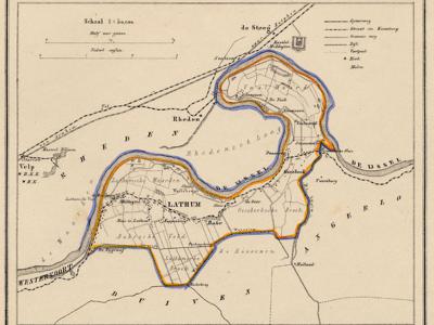 Kaart van de begin 19e eeuw opgeheven gemeente Lathum, situatie anno ca. 1870, kaart J. Kuijper