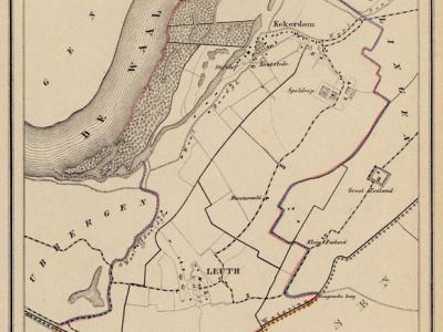 Kaart van de in 1814 opgeheven gemeente Leuth (die volgens deze kaart - ook wel? - Leuth en Kekerdom heette), situatie anno ca. 1870, kaart J. Kuijper