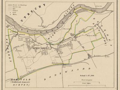 Kaart van de begin 19e eeuw opgeheven gemeente Opheusden, situatie anno ca. 1870, kaart J. Kuijper