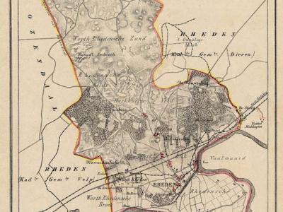 Gemeente Rheden anno ca. 1870, kaart J. Kuijper, exclusief de in 1818 opgeheven gemeenten Dieren en Velp
