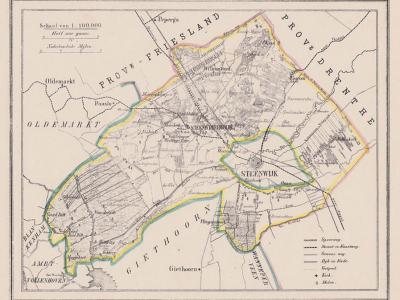 Gemeente Steenwijkerwold anno ca. 1870, kaart J. Kuijper. Het was een uitgestrekte gemeente die de stad en gemeente Steenwijk omringde. De gemeente omvatte een grote reeks buurtschappen, zie daarvoor het hoofdstuk Geschiedenis. (© www.atlasenkaart.nl)