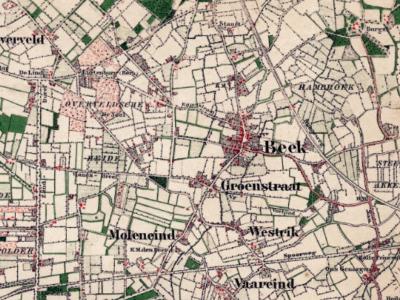 Buurtschap Groot Overveld liep vroeger door tot W van de dorpskern van het huidige Prinsenbeek (voorheen Beek). In die omgeving was ook sprake van een gebied 'Overveldse Heide', waar tot begin 20e eeuw ook daadwerkelijk nog sprake was van een heidegebied.