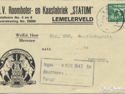 Naast de beetwortelsuikerfabriek is ook Roomboter- en Kaasfabriek Statum lange tijd een grote werkgever in Lemelerveld. De fabriek is in functie van de jaren zeventig van de 19e eeuw tot ca. 1945. Deze briefkaart uit 1943 is dus van vlak voor de sluiting.