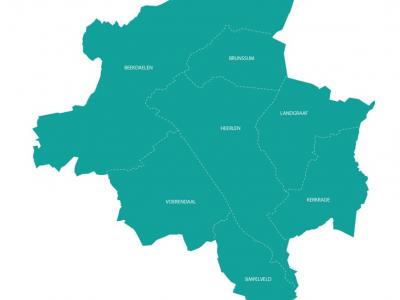 Gestileerde kaart van de regio Parkstad, en de ligging van de gemeenten daarin, situatie vanaf 2019 (in dat jaar zijn de gemeenten Onderbanken, Nuth en Schinnen gefuseerd tot de gemeente Beekdaelen).