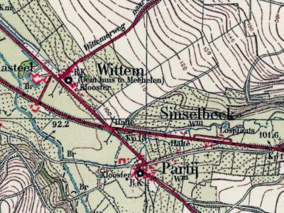 Op deze kaart uit de jaren dertig van de 20e eeuw ligt buurtschap Sinselbeek, gelegen aan de gelijknamige beek en aan beide zijden van Rijksweg N278, nog duidelijk los van het dorp Partij. (© www.kadaster.nl)