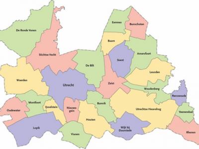 T/m 2018 was de provincie Utrecht in deze 26 gemeenten verdeeld. In 2019 is de gemeente Vianen opgegaan in de nieuwe gemeente Vijfheerenlanden, die ook onderdeel is geworden van de provincie Utrecht. (© Provincie Utrecht)