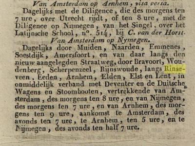 Tot in de loop van de 19e eeuw waren spellingen van plaatsnamen nogal eens inconsequent en schreef men het op zoals het klonk. Zo heeft Veenendaal ook Rhenenseveen geheten, en heet het hier, in een reglement voor de postkoetsen uit 1834, Rinseveen.