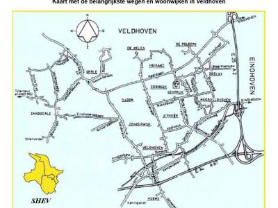 Stichting Historisch Erfgoed Veldhoven (SHEV) heeft een kaart gemaakt waarop de belangrijkste wegen, wijken, buurten en (vroegere) dorpen van de huidige gemeente Veldhoven duidelijk staan aangegeven. (© www.shev.dse.nl)