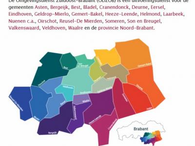 De Omgevingsdienst Zuidoost-Brabant (ODZOB) heeft een mooie kaart gemaakt waar je in tekst en beeld duidelijk ziet welke gemeenten deelnemen in het samenwerkingsverband Zuidoost-Brabant én waar ze liggen. (© www.odzob.nl)